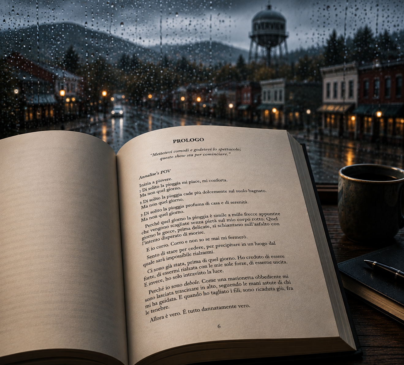 Libro aperto sul prologo di Can I Trust You? ambientato nella piovosa Everview